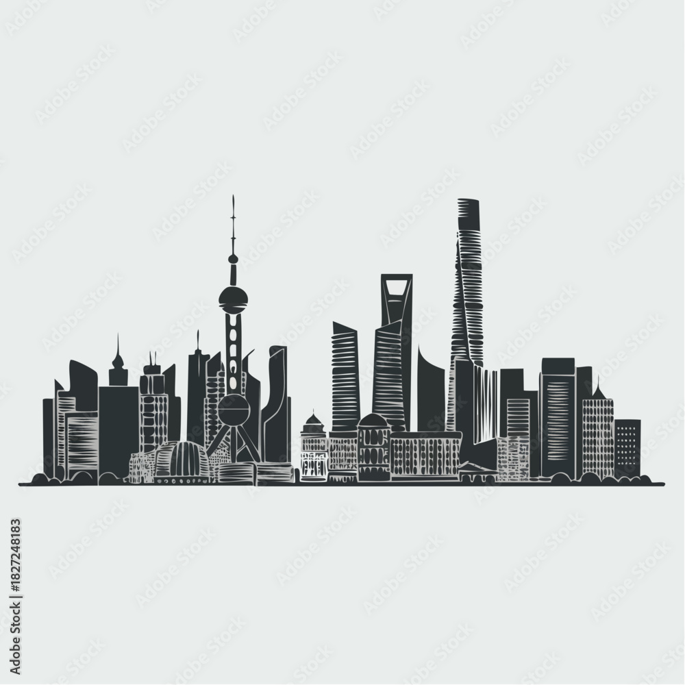 Naklejka premium Shanghai Skyline Silhouette Modern Cityscape Illustration.