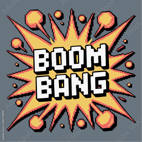 A pixel art comic book style explosion with "BOOM BANG" text, featuring vibrant yellow and orange colors on a grey background.