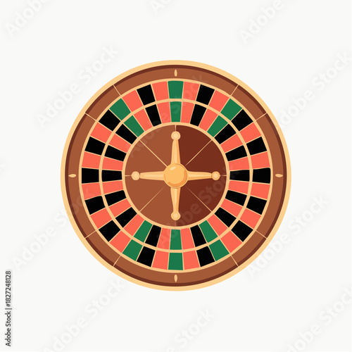 Top-down view of a classic roulette wheel with red, black, and green pockets, featuring a golden center and wooden rim, ready for a game of chance.