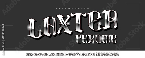 Laxter Chrome Font is A bold serif display font inspired by Gangsta carved stone monuments with glossy chrome depth and strong sculptural details.