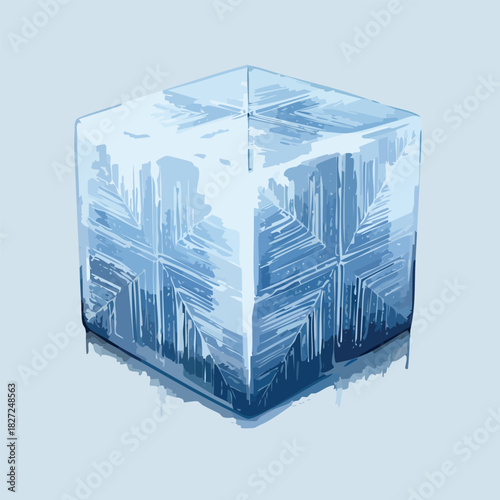 3D icy cube with embedded frost patterns, translucent reflections, isolated PNG.