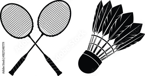 Badminton equipment black and white illustration featuring rackets and shuttlecock
