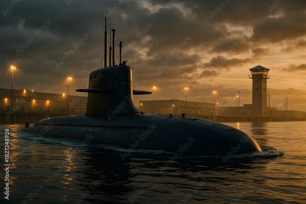 Fototapeta premium Modern Military Submarine Departing Naval Base – Ultra-Realistic 8K Editorial Scene