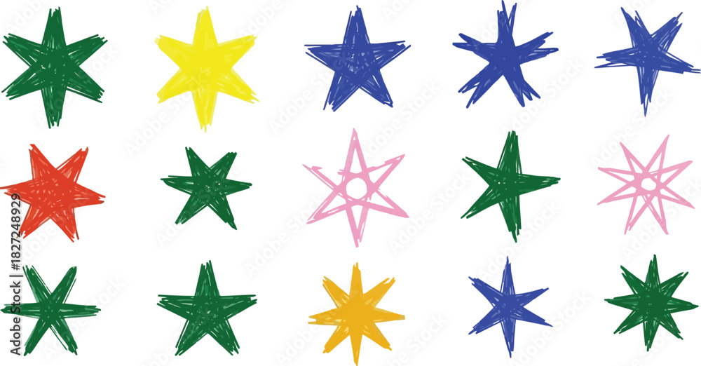 Obraz premium Hand drawn colorful stars on white background for festive designs