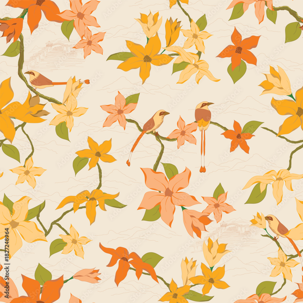 Fototapeta premium Chinoiserie Oranges and Butter Yellow Flowers on Vines with Orange Motmots All Hand Drawn Creating a Seamless Pattern Print