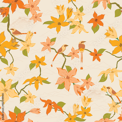 Chinoiserie Oranges and Butter Yellow Flowers on Vines with Orange Motmots All Hand Drawn Creating a Seamless Pattern Print