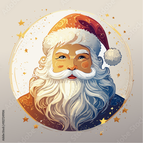 Cheerful holiday figure illustration with a long white beard and a festive red hat, adorned with sparkling gold accents, perfect for seasonal greetings and winter celebrations