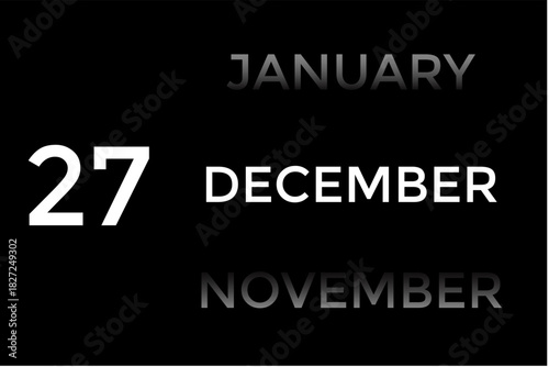December 27 calendar with black background. A minimalist calendar template with well-structured date boxes and a sleek layout. This image is ideal for illustrating concepts such as time planning