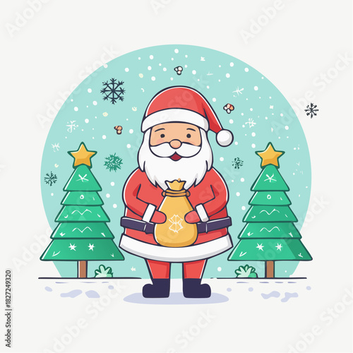 Merry Santa Claus with Gift Bag Standing Between Two Christmas Trees with Snow Falling