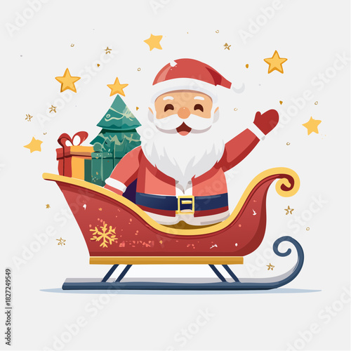 Merry Christmas! Santa Claus Waves from His Sleigh with Gifts and a Christmas Tree, Surrounded by Stars