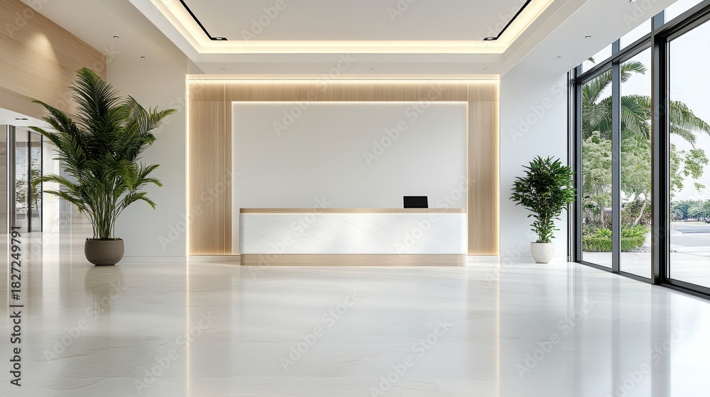 Fototapeta premium Modern reception desk in bright lobby with large windows and tropical plants