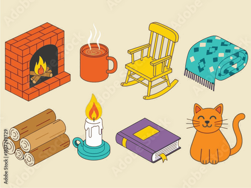 Cozy Fireside Icons. Cozy Fireside flat icons set. brick fireplace, rocking chair, steaming cup, knit throw, wood logs, candlelight, book, cat