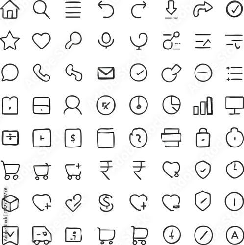 Web Icon Set: A comprehensive collection of hand-drawn web icons, perfect for web design, app development, and UI/UX projects. These simple icons can be used for any digital interface.