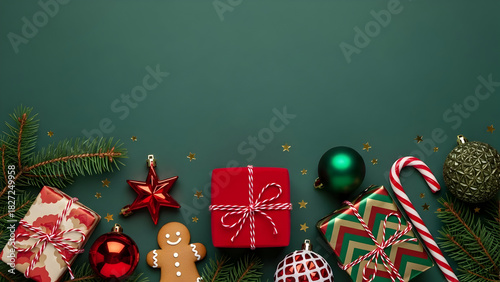 Festive christmas decorations and gifts arranged on a dark green background