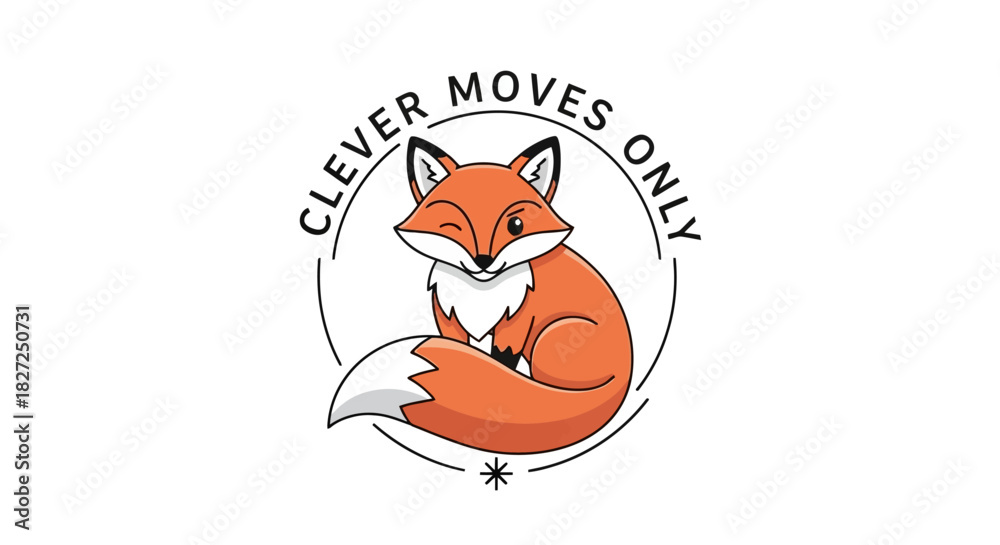 Obraz premium Winking fox cartoon character with clever moves only text, playful woodland animal illustration in line art style, charming forest creature graphic with motivational quote