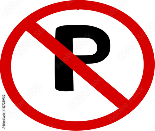 A clean and bold vector illustration of a “No Parking” traffic sign, featuring a black letter “P” crossed out by a diagonal red line inside a red circular border. This simple and clear road symbol 