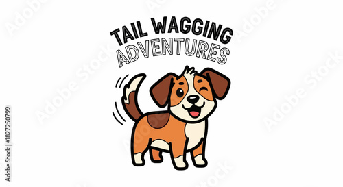 Tail wagging adventures, a cheerful cartoon puppy with a wagging tail and a happy expression, embodying the joy and excitement of canine companionship