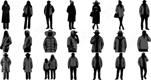 Vector silhouettes man and women, illustration. Silhouettes of people posing in warm winter clothes. EPS version.
