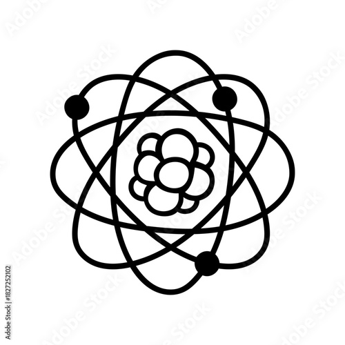 Atomic structure, Bohr model. Vector illustration. Electrons revolve around the atomic nucleus in spherical orbits, releasing energy. Hand drawn clipart, black and white doodle. Concept for science
