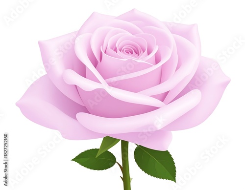 A close-up illustration of a light-purple rose in full bloom, with green stem and leaves against a white backdrop