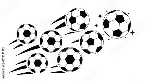 Dynamic composition of five black and white soccer balls on a clean white background for sports and athletic designs
