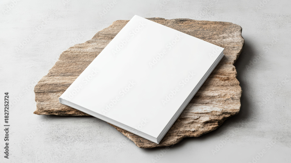 Fototapeta premium Blank white book mockup resting on textured stone with soft reflections