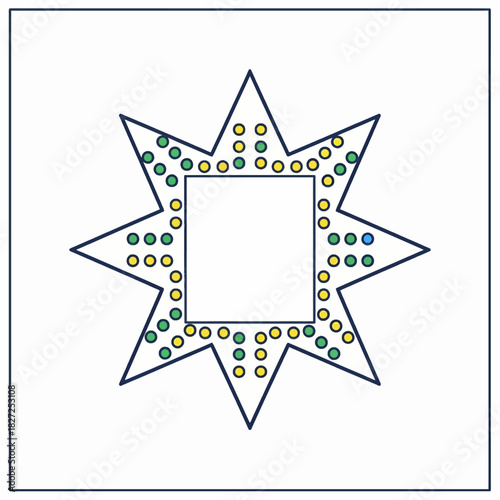 Geometric eight pointed star with yellow and green dots.