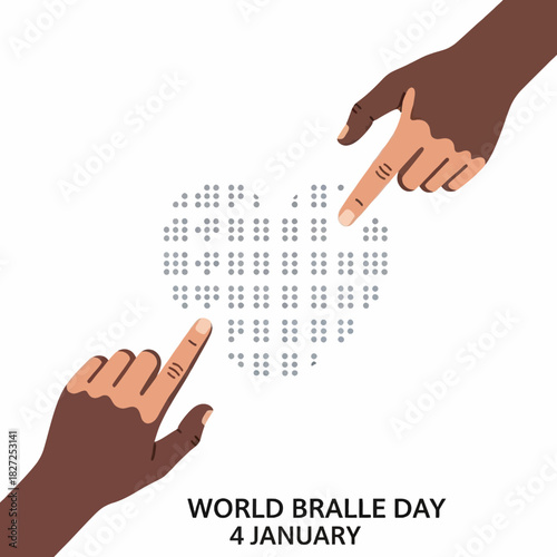 Diverse hands touching a heart symbol written in the Braille language for World Braille Day.