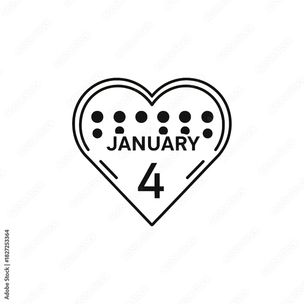 Fototapeta premium Heart-shaped calendar icon with January 4th date in black and white.