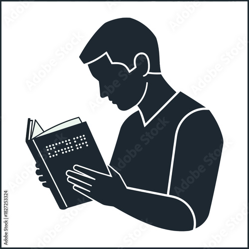 Silhouette of a visually impaired person reading a Braille book.