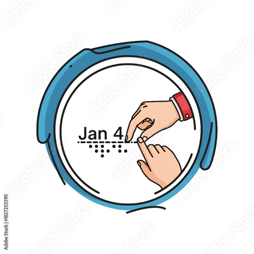Hands reading braille with date Jan 4th.