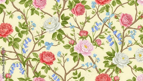 Vintage Floral Seamless Pattern with Roses and Bluebell Flowers