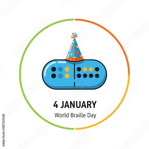 World Braille Day celebration with a braille cell wearing a party hat.