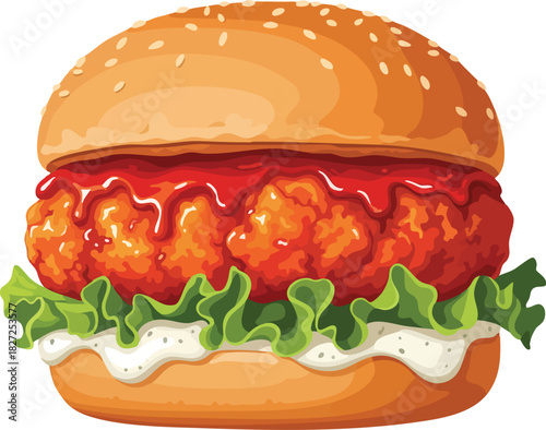 A close-up illustration of a chicken sandwich with lettuce, sauce, and red sauce on a sesame seed bun against a white background.