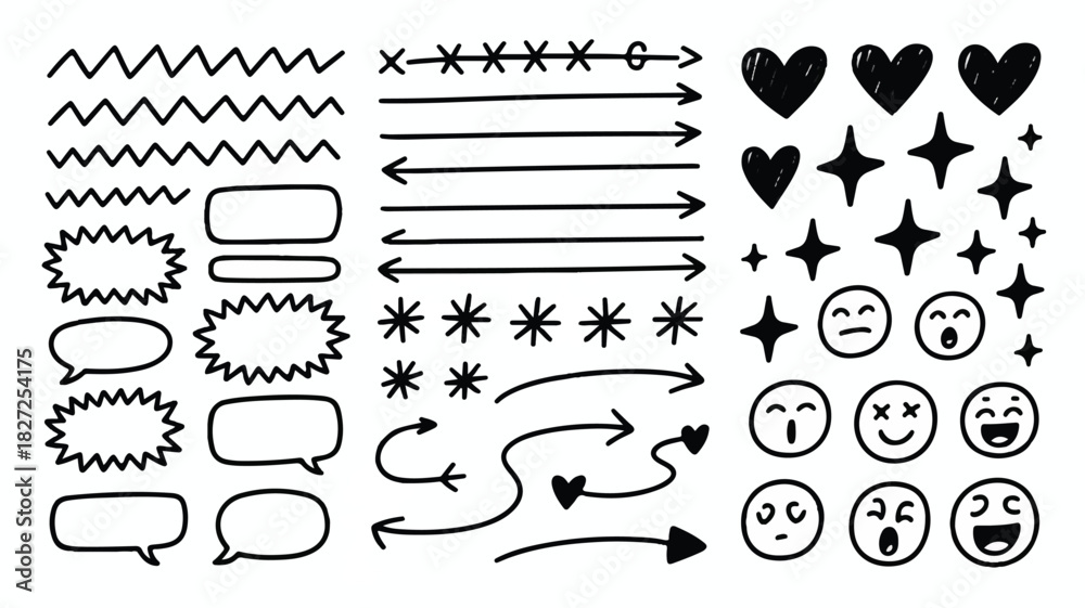 Fototapeta premium A vibrant collection of diverse hand drawn doodle elements artfully arranged in a uniform grid pattern on a clean white background