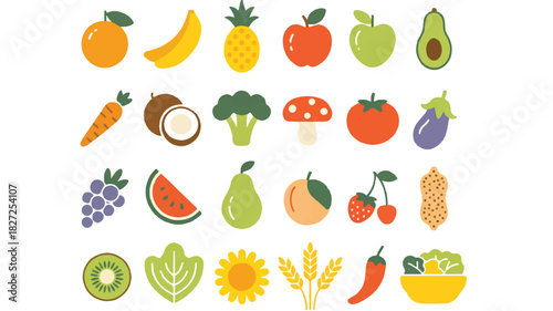 A vibrant assortment of fresh fruits and vegetables presented in orderly rows on a clean white background