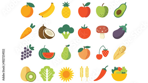 A vibrant and fresh arrangement of diverse colorful fruits and vegetables displayed in neat rows on a clean white background