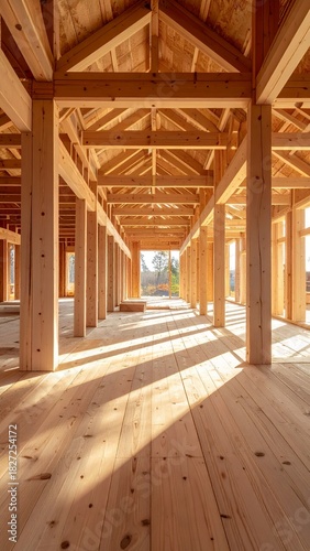 Spacious wooden interior of a newly constructed building with strong sunlight casting long shadows on the floor, showcasing timber frame architecture.