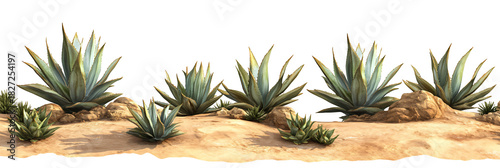 Vibrant desert landscape with agave plants and rocky terrain