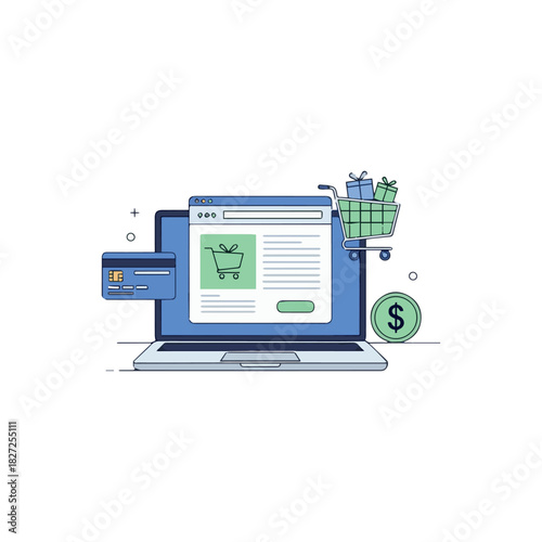 online shopping concept, e-commerce, flash sale, discount, payment cashless, digital, flat illustration vector