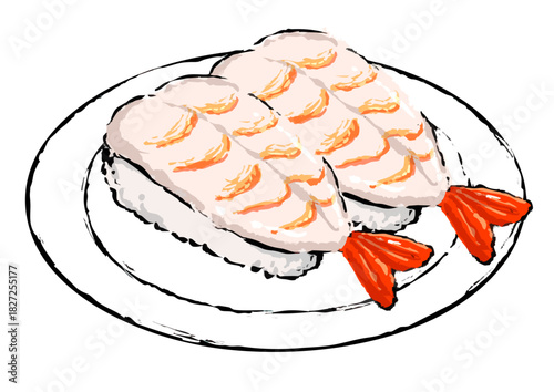 海老の寿司の墨絵イラスト