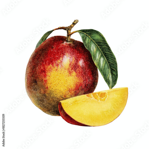 Vintage illustration of a ripe mango with a slice and leaf on a bright blue background