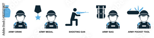 Set Military Icon Vector Ideal for applications, games, or graphic design projects related to armed forces, defense, conflict, and specialized equipment.	