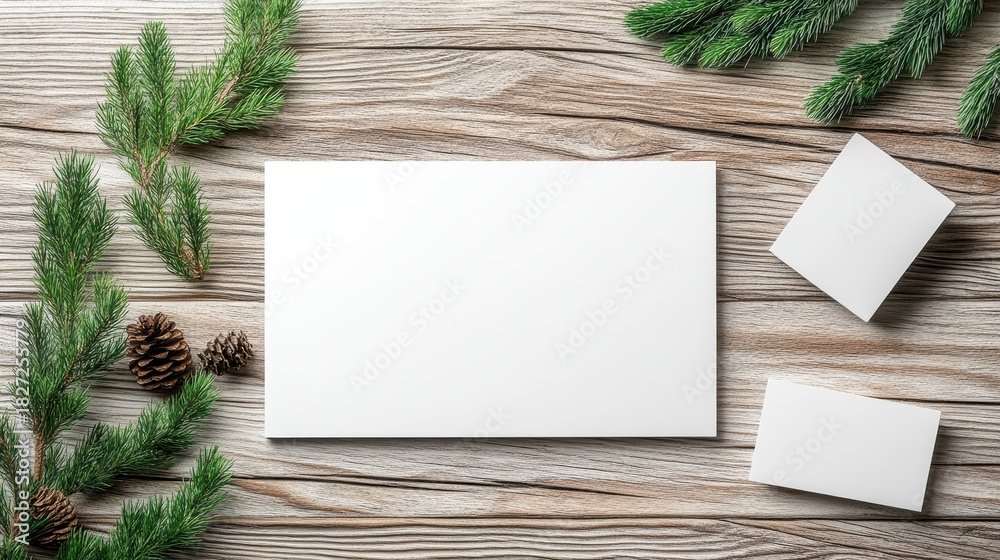 Fototapeta premium Blank holiday card on wooden table with pine branches and pine cone, calm festive scene