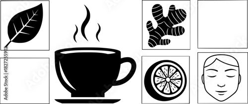 Minimalist icons of coffee mug, steam, leaf, ginger, citrus, relaxed face