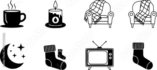 Minimalist icons of cozy evening objects in silhouette style