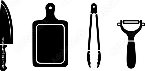 Kitchen utensils silhouette set featuring knife, cutting board, dice, and peeler