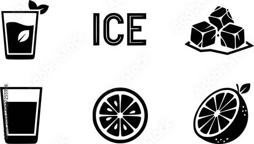 Minimalist beverage icons: coffee, citrus, ice, leaf, wind, drink