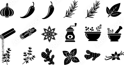 Set of spice and herb icons in black silhouette style