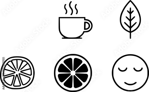Minimalist icons of coffee mug, steam, leaf, ginger, citrus, relaxed face